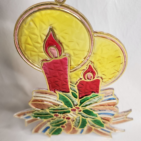 Vintage Suncatcher Christmas Candles and Holly Plastic Stained Glass Ornament - Picture 7 of 13